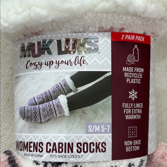 Muk Luks Womens Cabin Socks Non Skid FullyLined 2 Pair Pink White Size S/M NWT - Picture 2 of 4